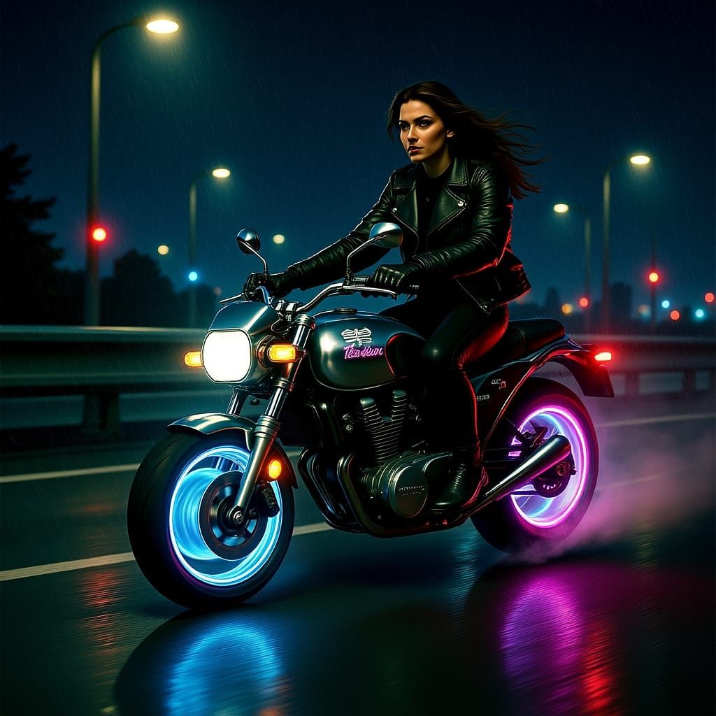 Motorcyclist Speeds Down Highway at Night