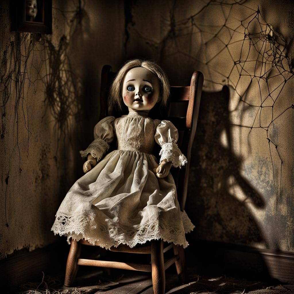 Eerie Doll in Dimly Lit Haunted Room
