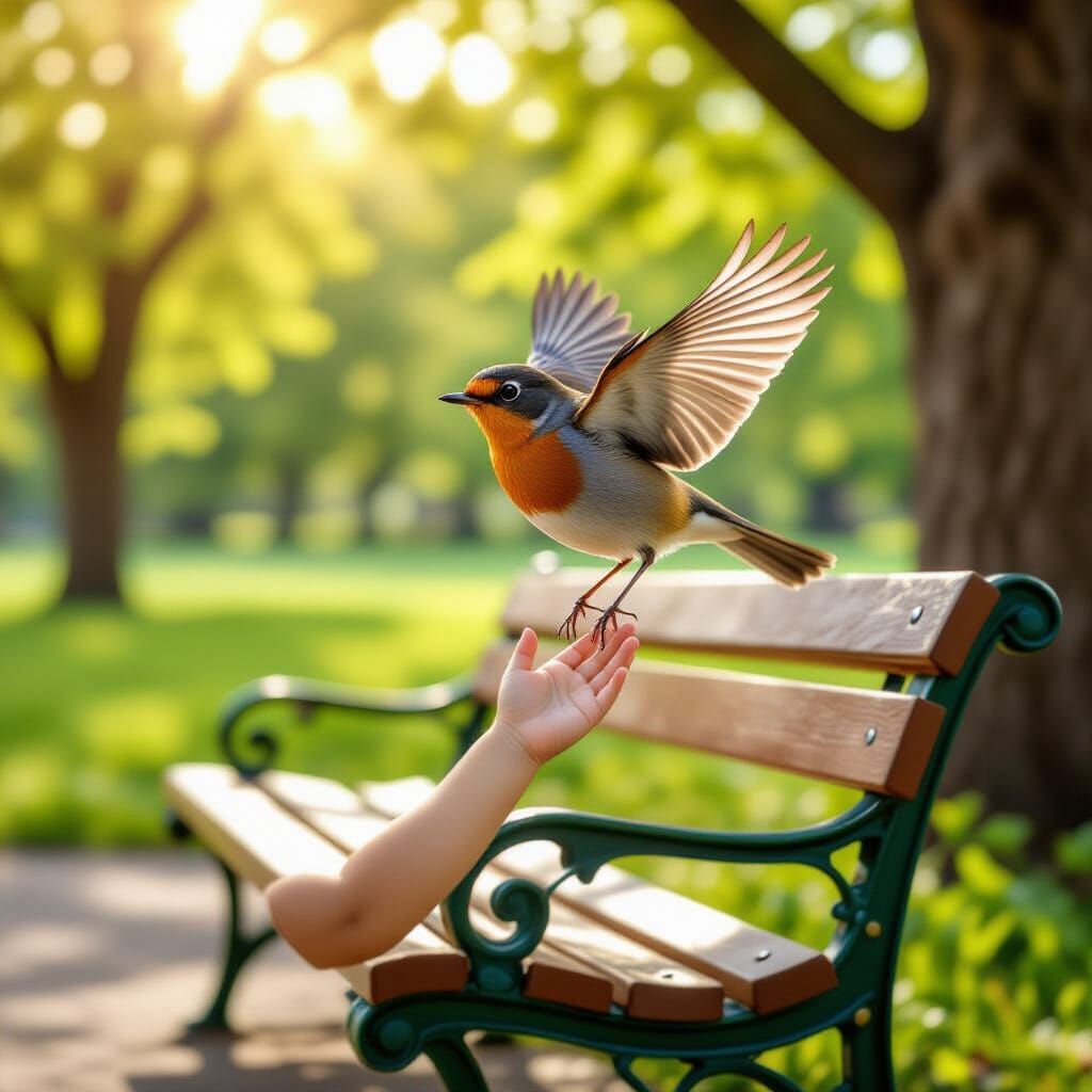 Robin Lands on Child's Hand in Sunny Park
