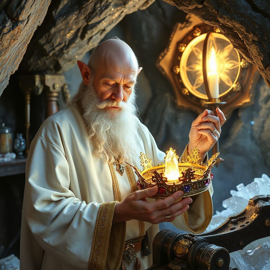 Wizard Merlin Polishes King Arthur's Gemstone Crown