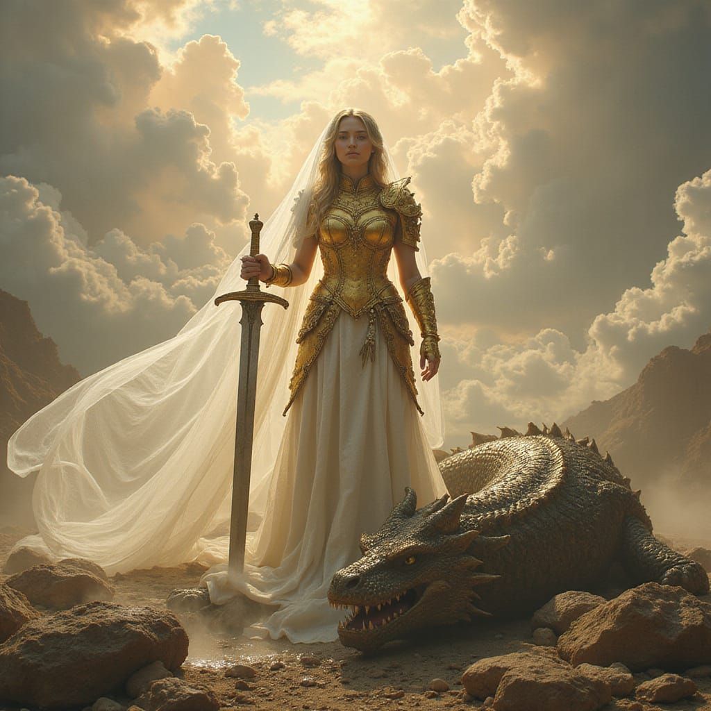 Golden Warrior Bride Triumphs Over Defeated Dragon