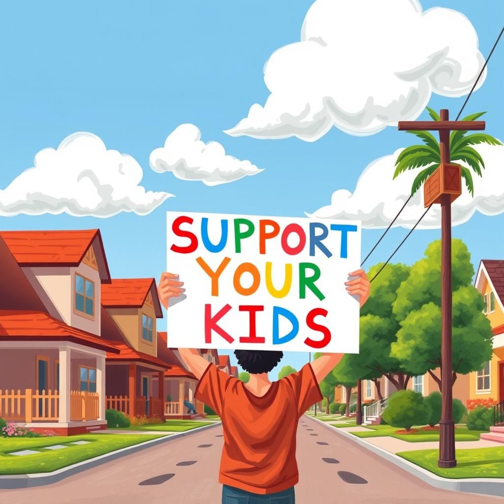 Supportive Parent in Naive Art Suburban Scene