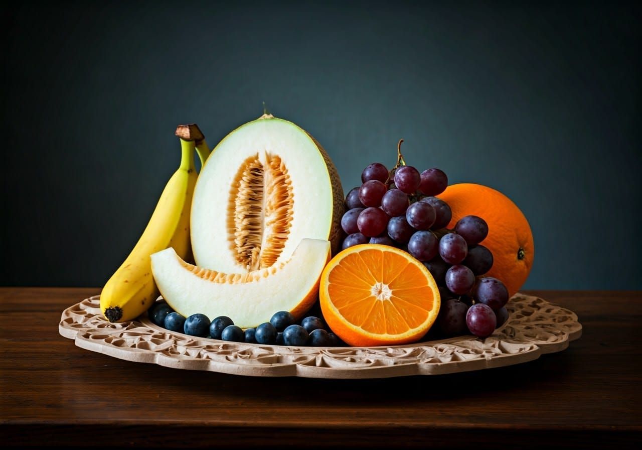 Classic Fruit Still Life on Carved Wooden Platter