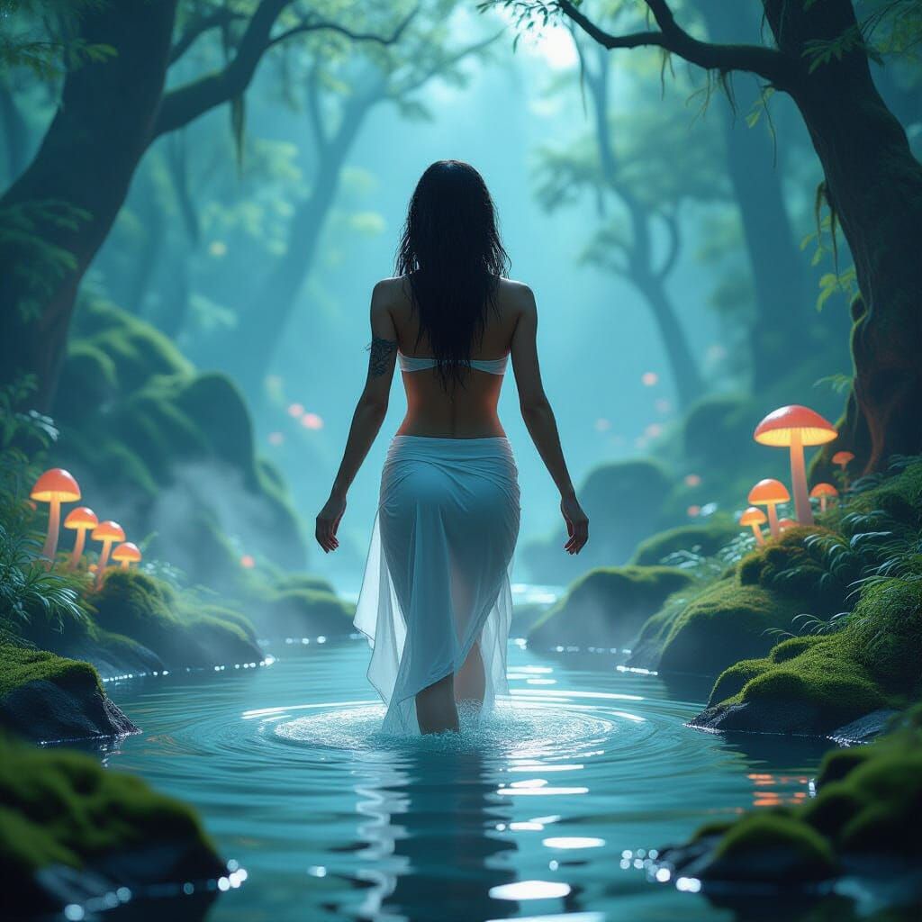 Ethereal Woman in Luminous Hot Spring, Dreamy Art