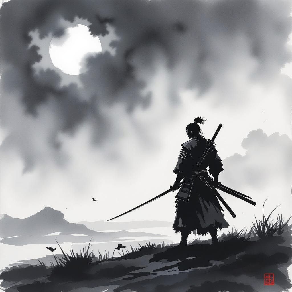 Sumi-e Samurai Warrior in Stormy Landscape