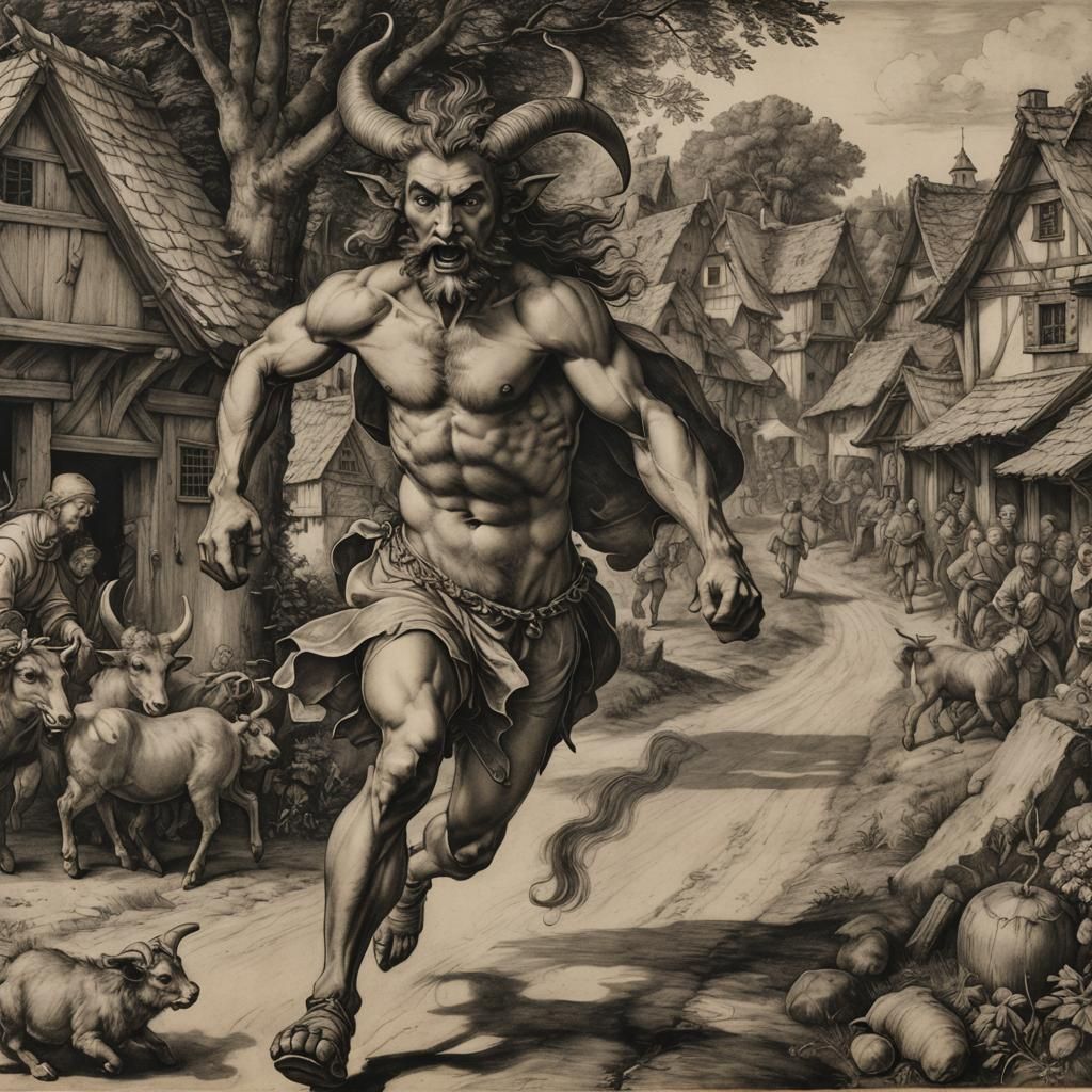 Satyr Running in Village: A Charcoal Drawing