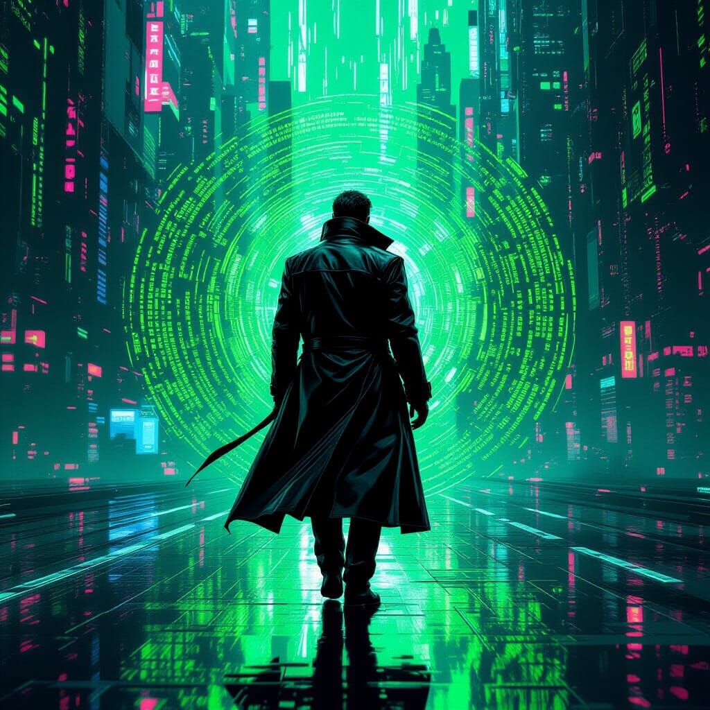 Hacker in Swirling Code with Futuristic Cityscape Reflection...