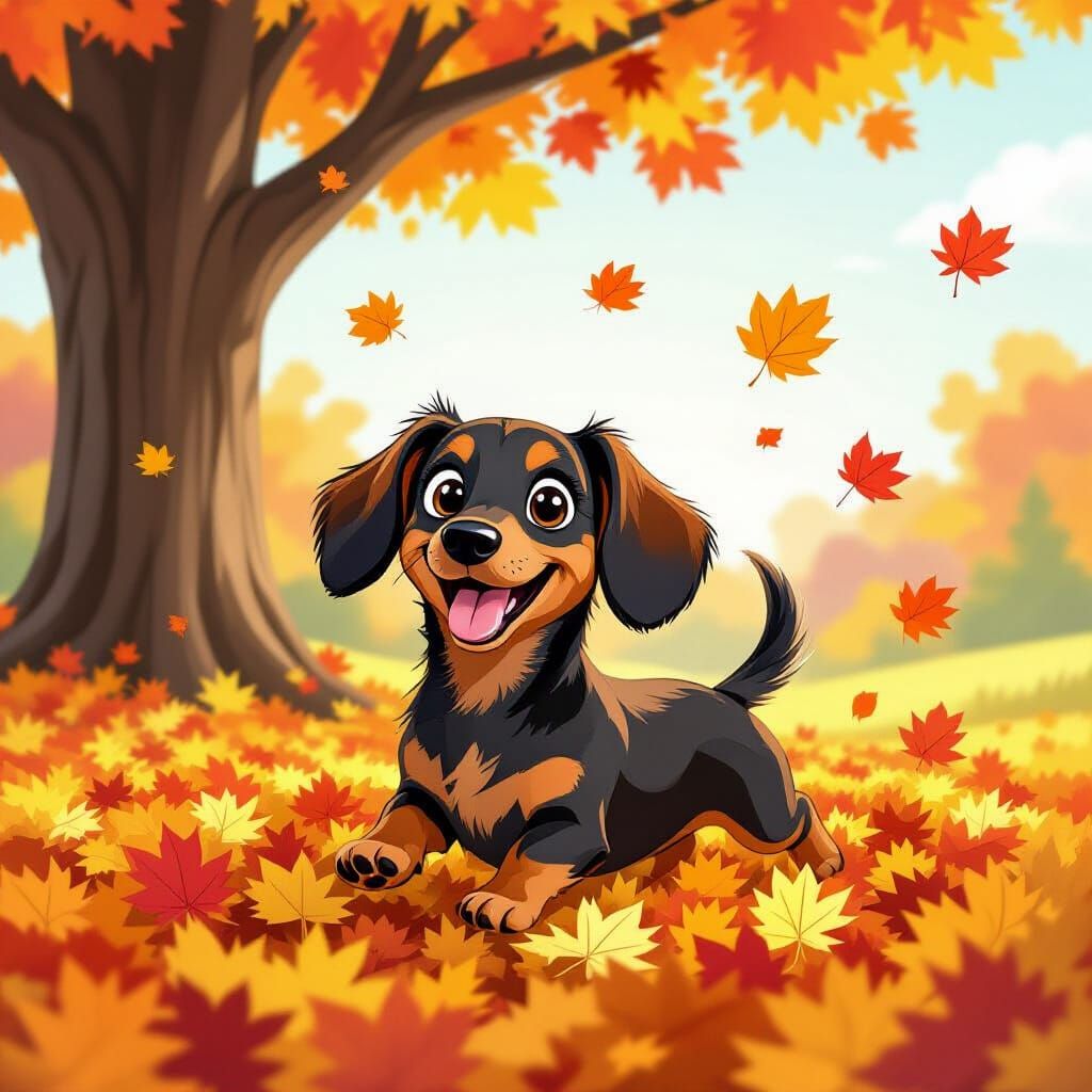 Joyful Dachshund Plays in Autumn Leaves