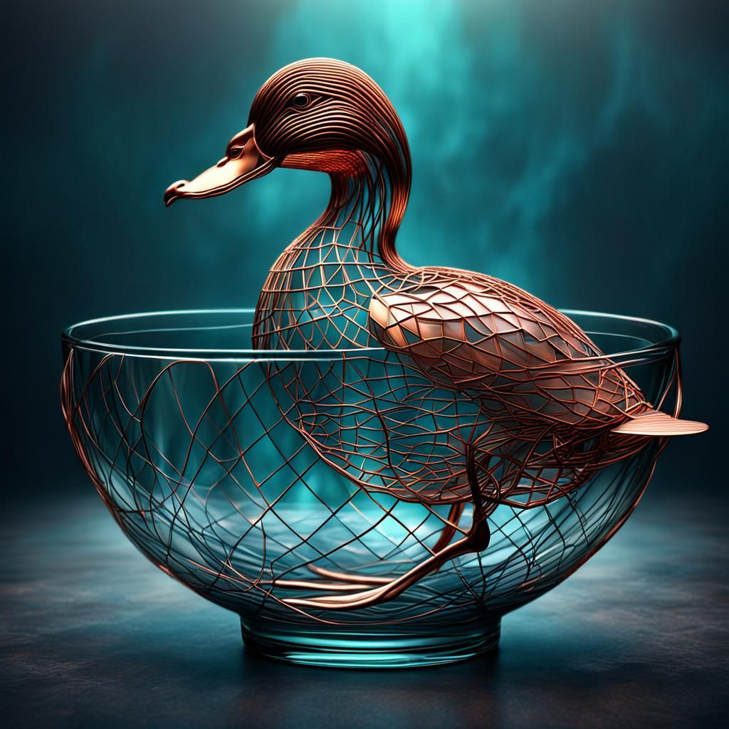 Copper Wire Duck in Glass Bowl: Digital Art