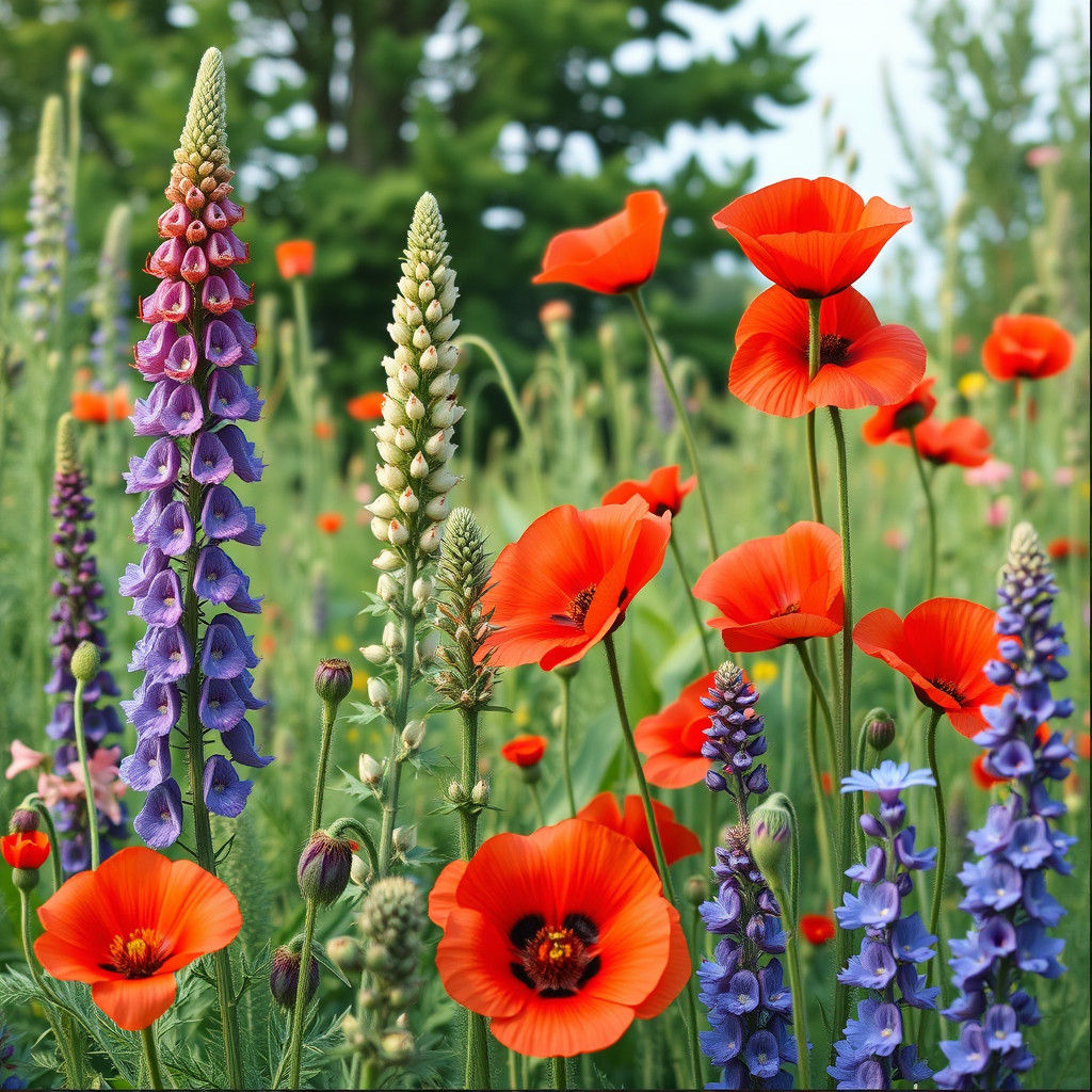 Lupines and Poppies in a Colorful Meadow
