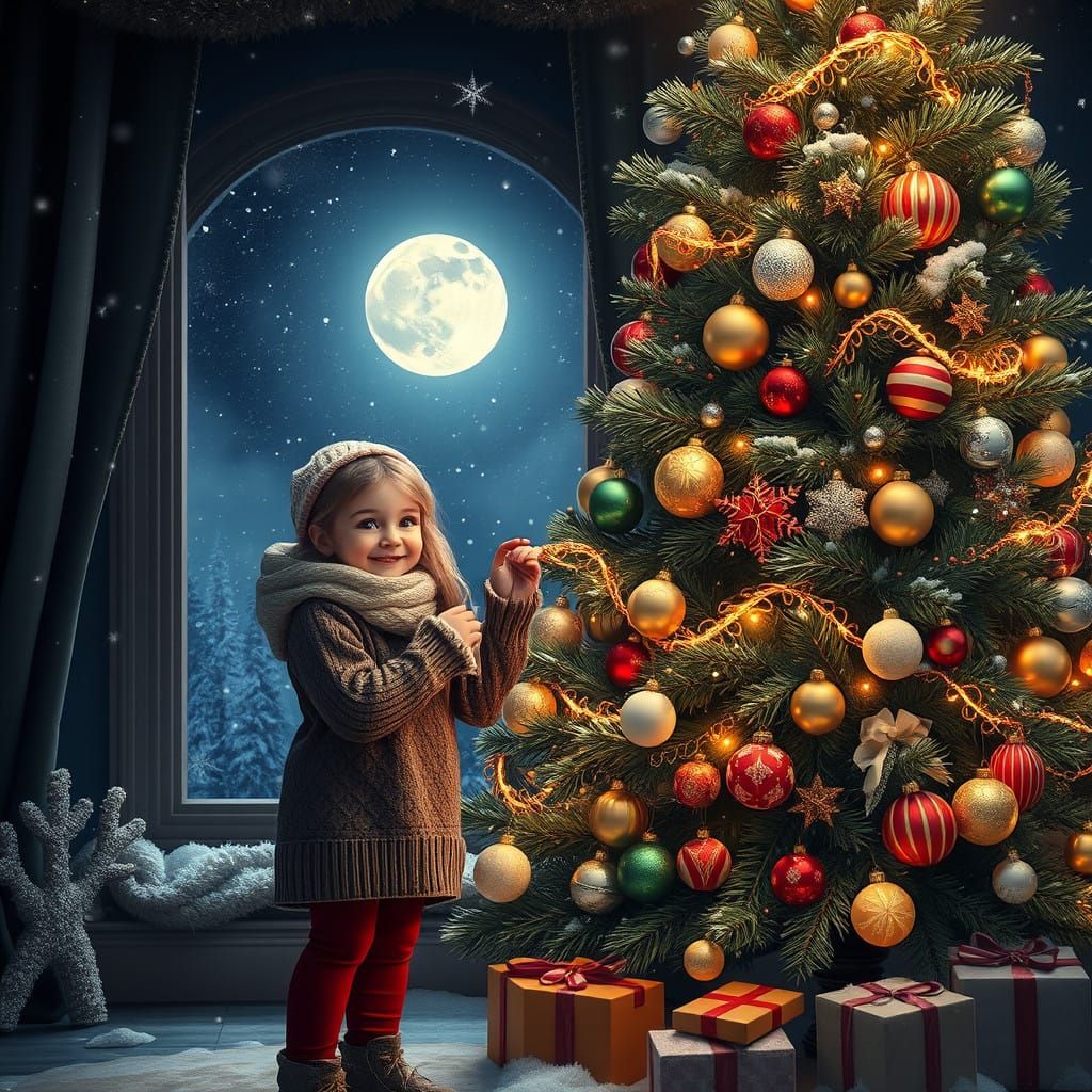 Cozy Christmas Eve Scene in Whimsical Winter Wonderland