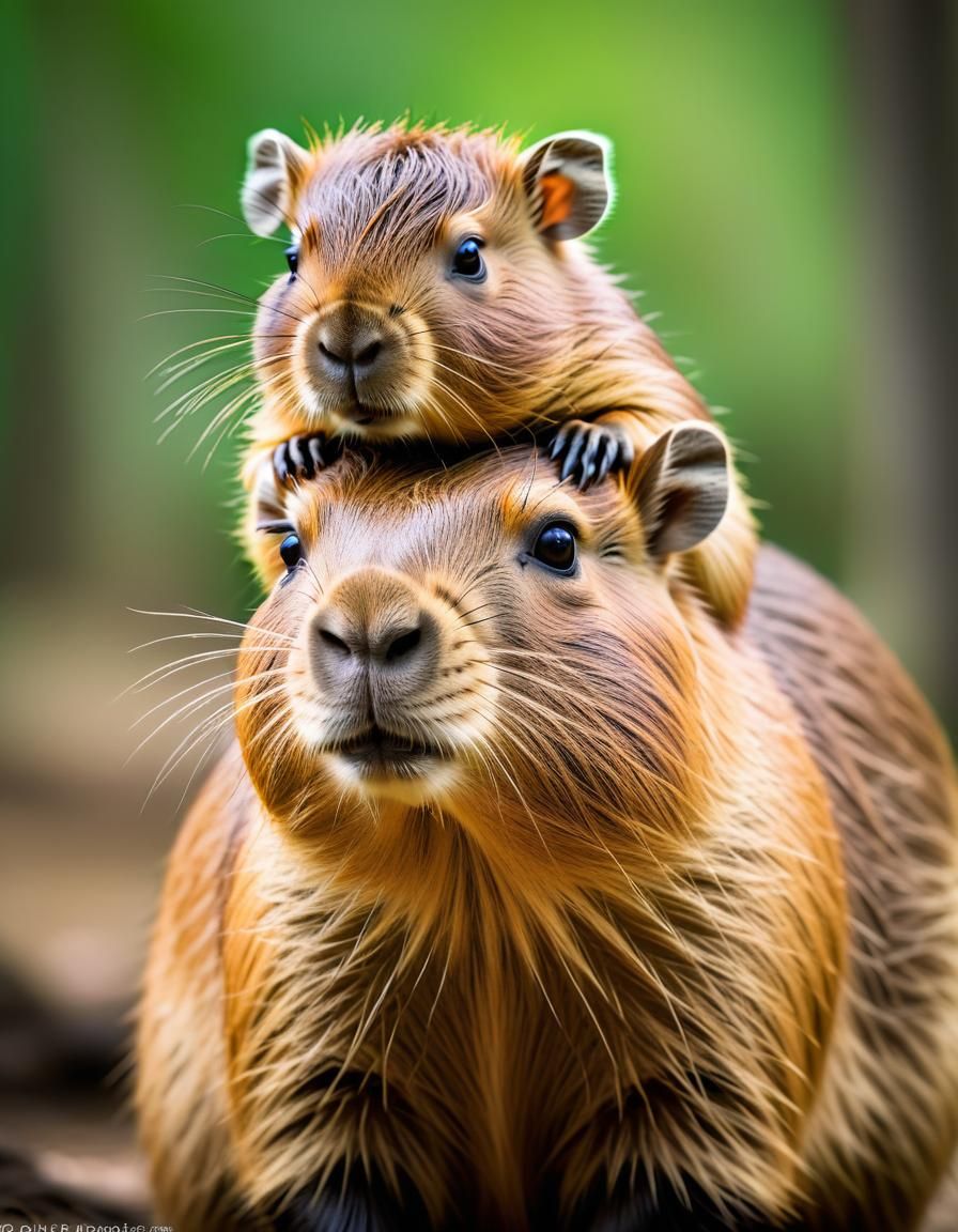 Adorable Baby Capybara Rides Mother in Dreamy Pastel
