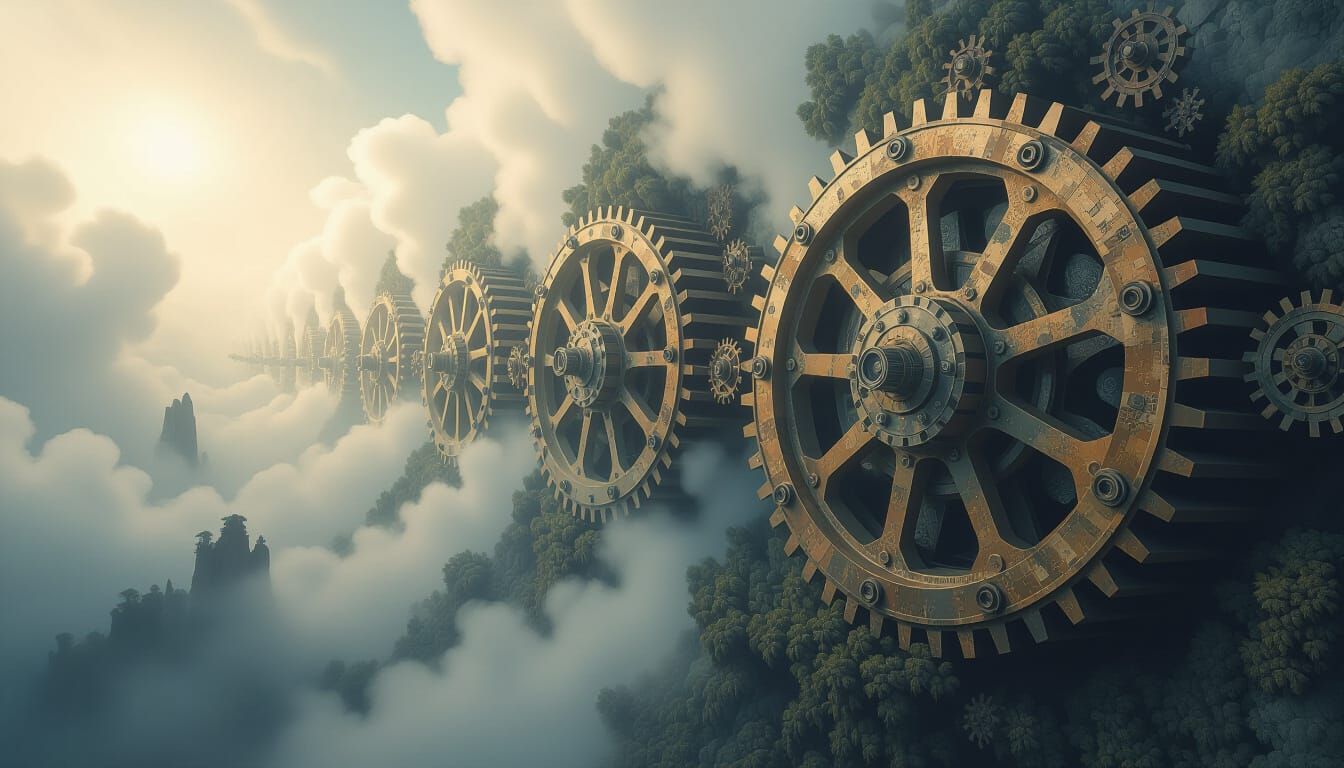 Surreal Fractal Collage with Vibrant Colors and Fog