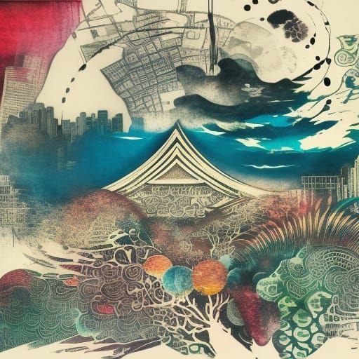 Tokyo Collage in Mixed Media with Watercolor