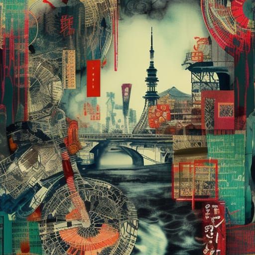 Tokyo Collage in Mixed Media Style