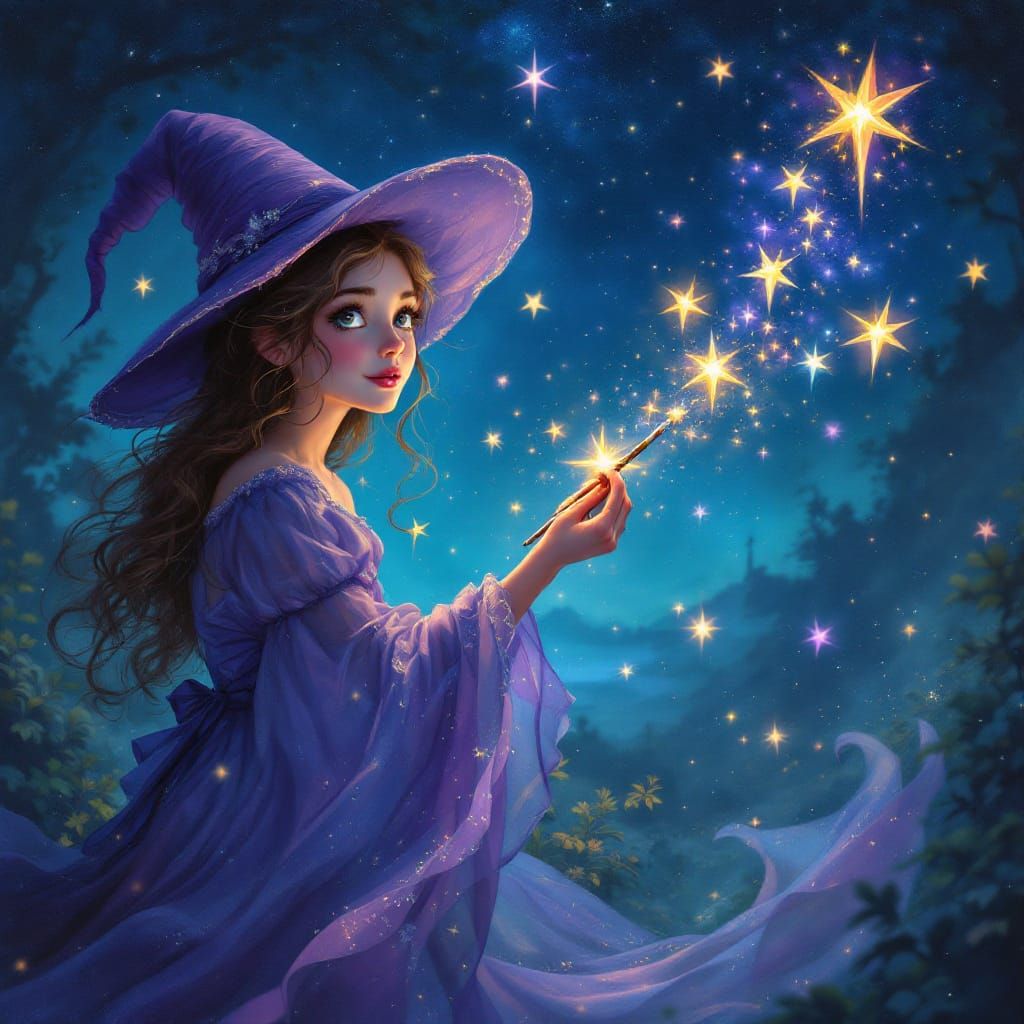 Young Witch Paints Luminous Stars in Ethereal Night Sky