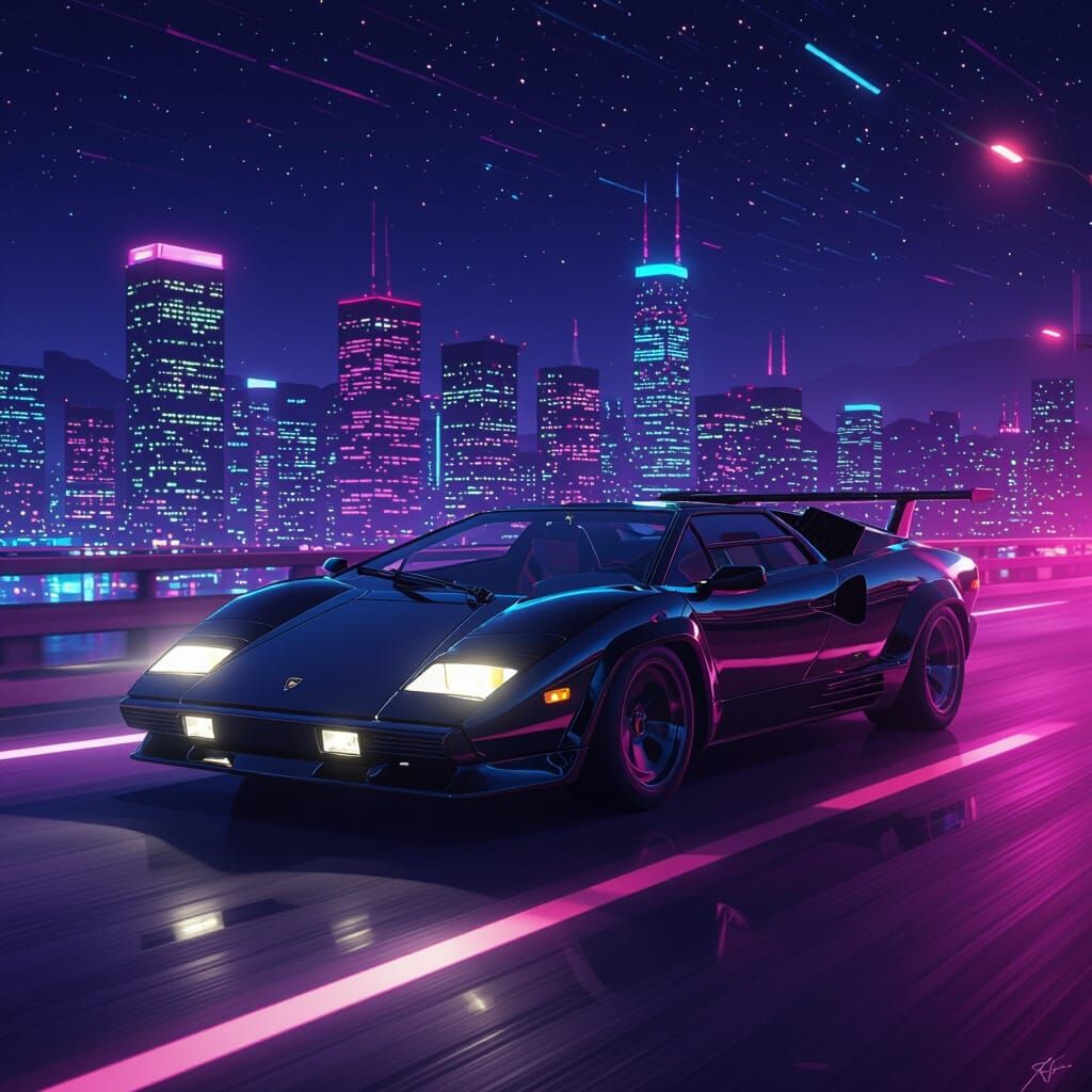 Black Lamborghini Speeds Down Neon Highway