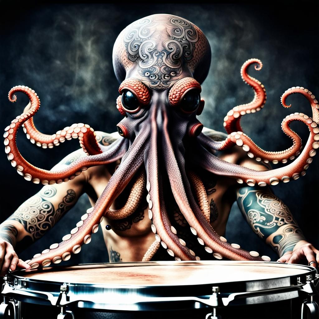 Tattooed Octopus Drummer Portrait in Hyperrealistic Style