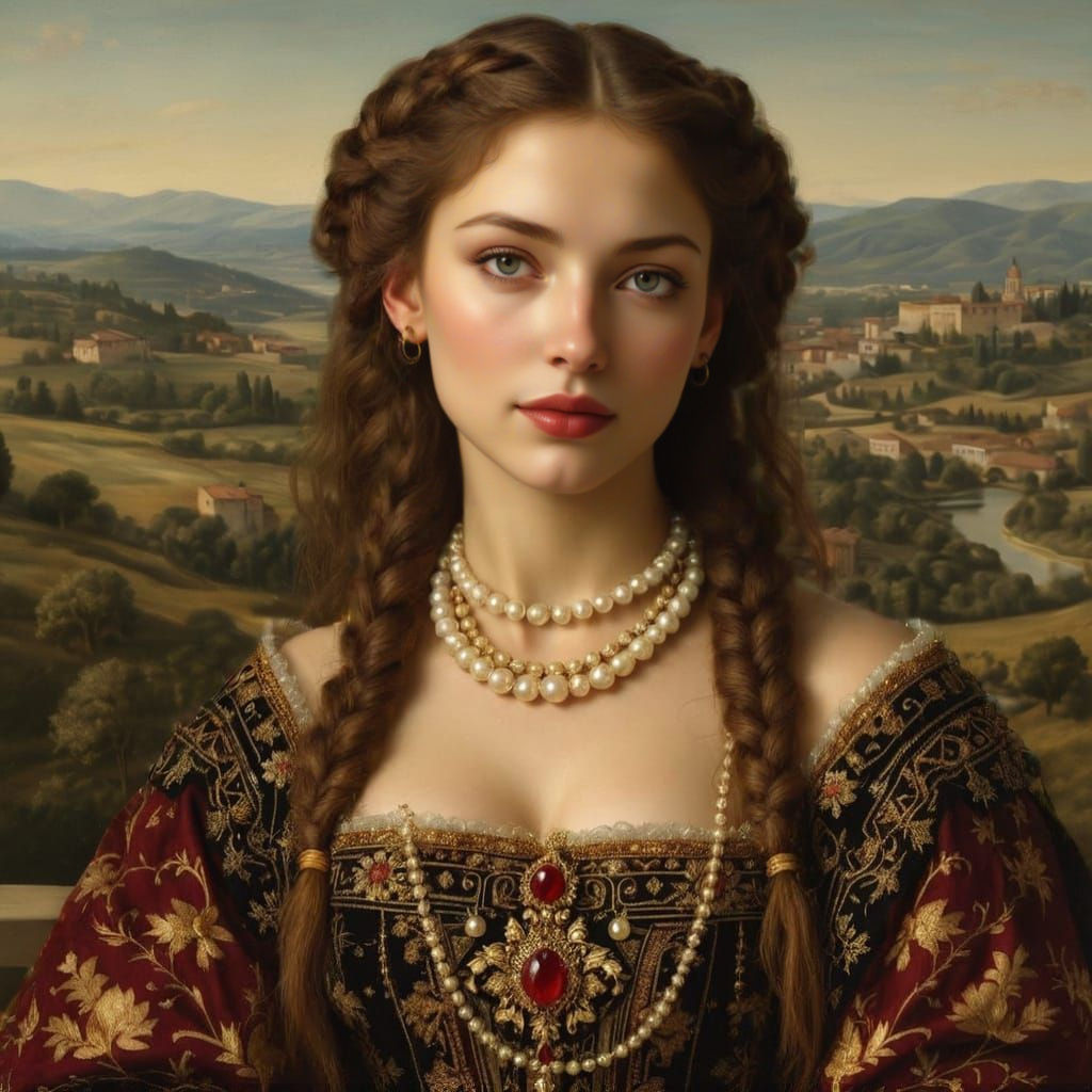 Elegant Noblewoman in Tuscan Landscape