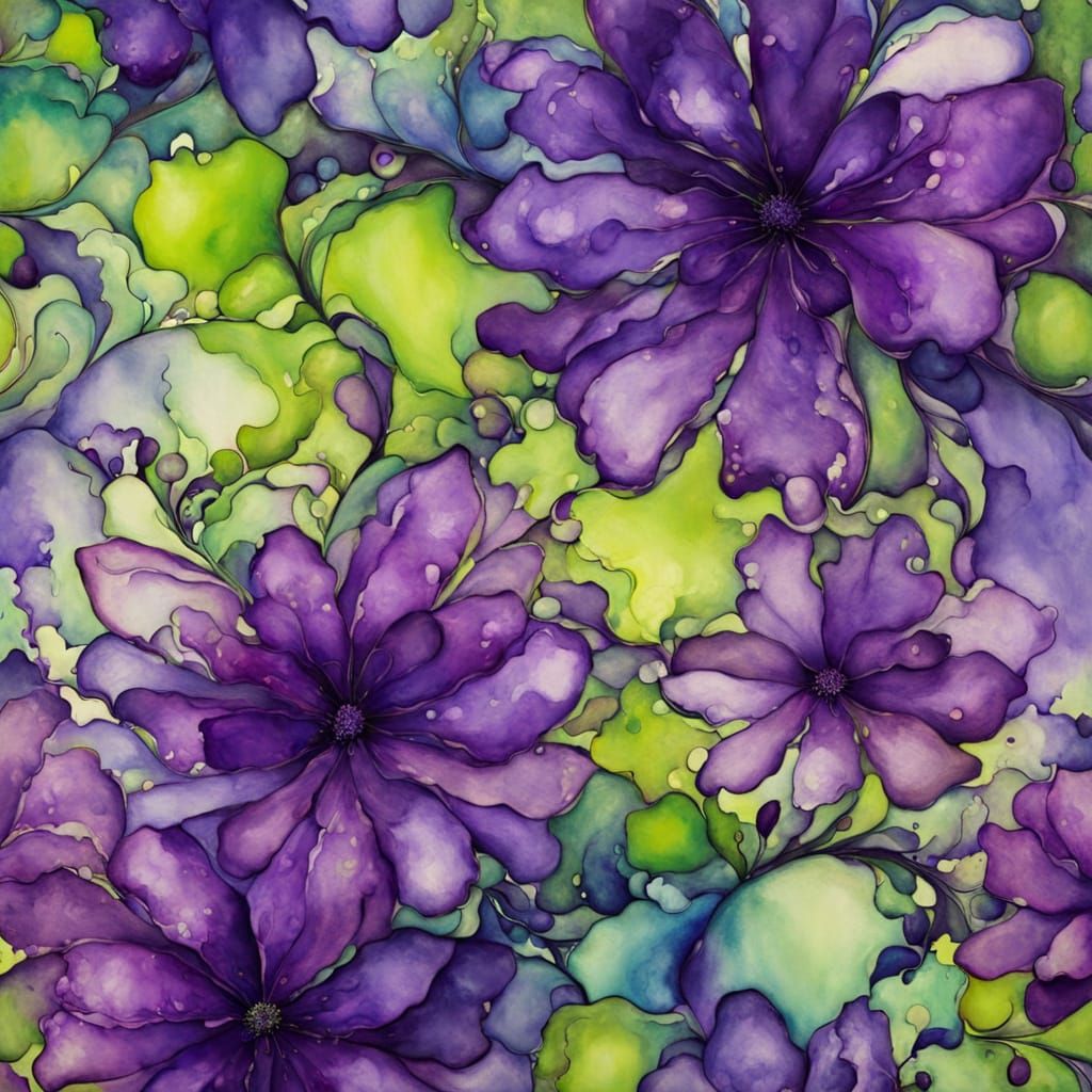 Abstract Floral Painting in Purple and Lime Green