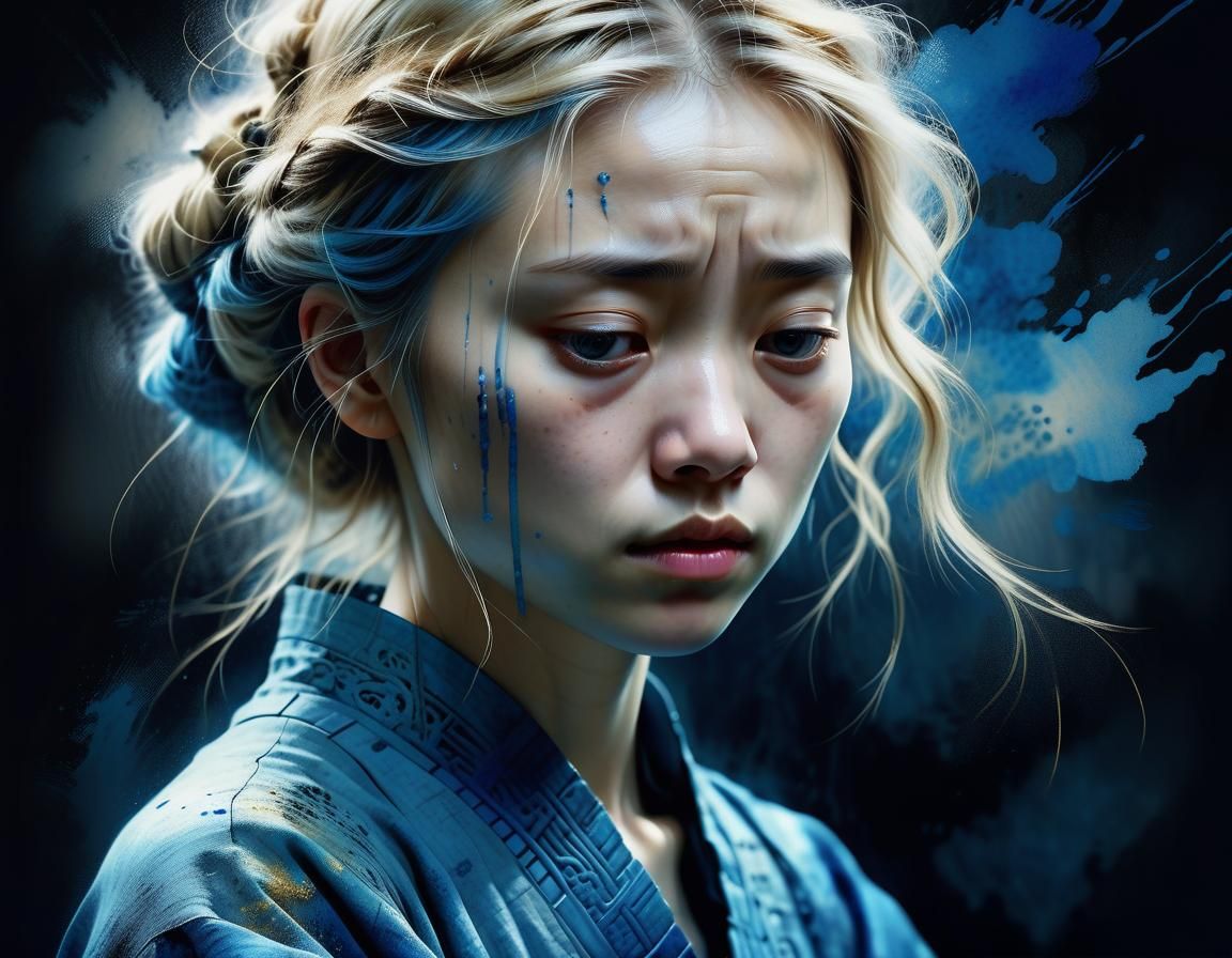 Sad Woman in Blue: Chinese Watercolor with Pointillism