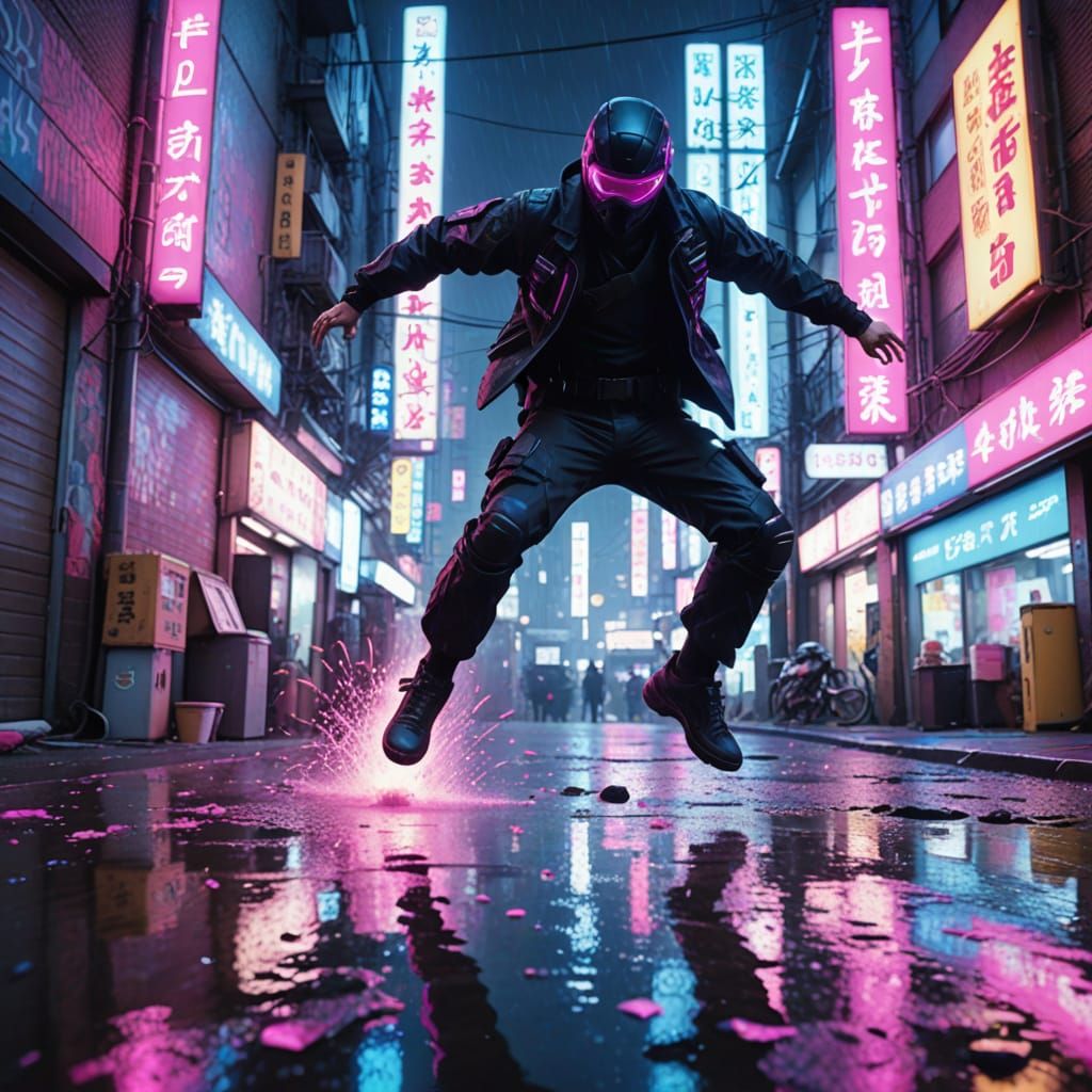 Cyber-Ninja Backflips Through Neon Tokyo Alley