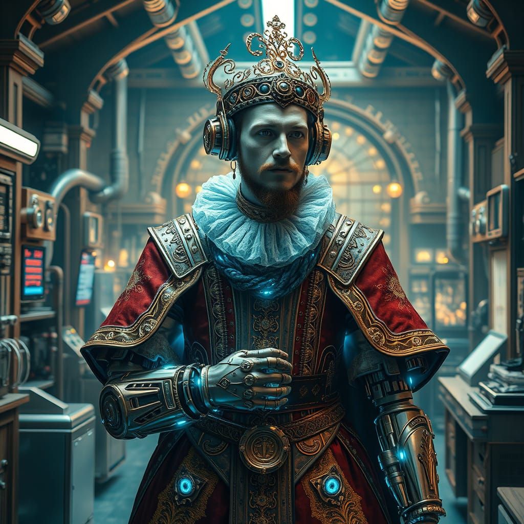 Cybernetic Renaissance Visionary Emerges in Futuristic Lab