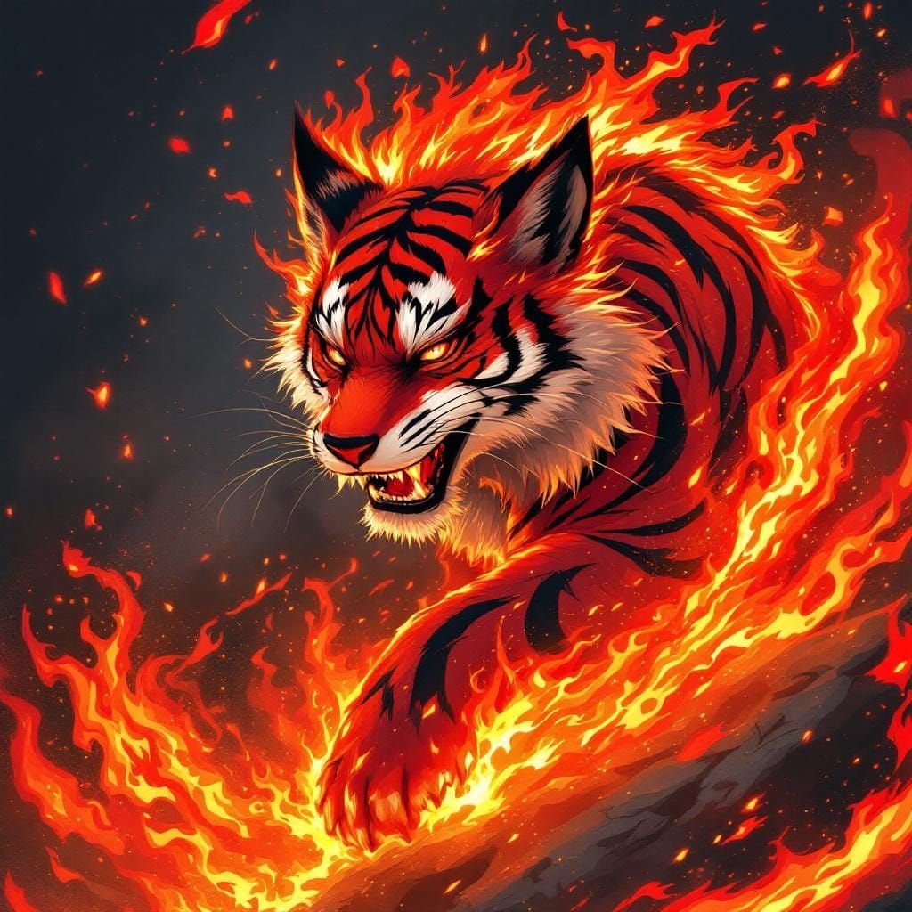 Fiery Fox with Tiger Stripes in Anime Style