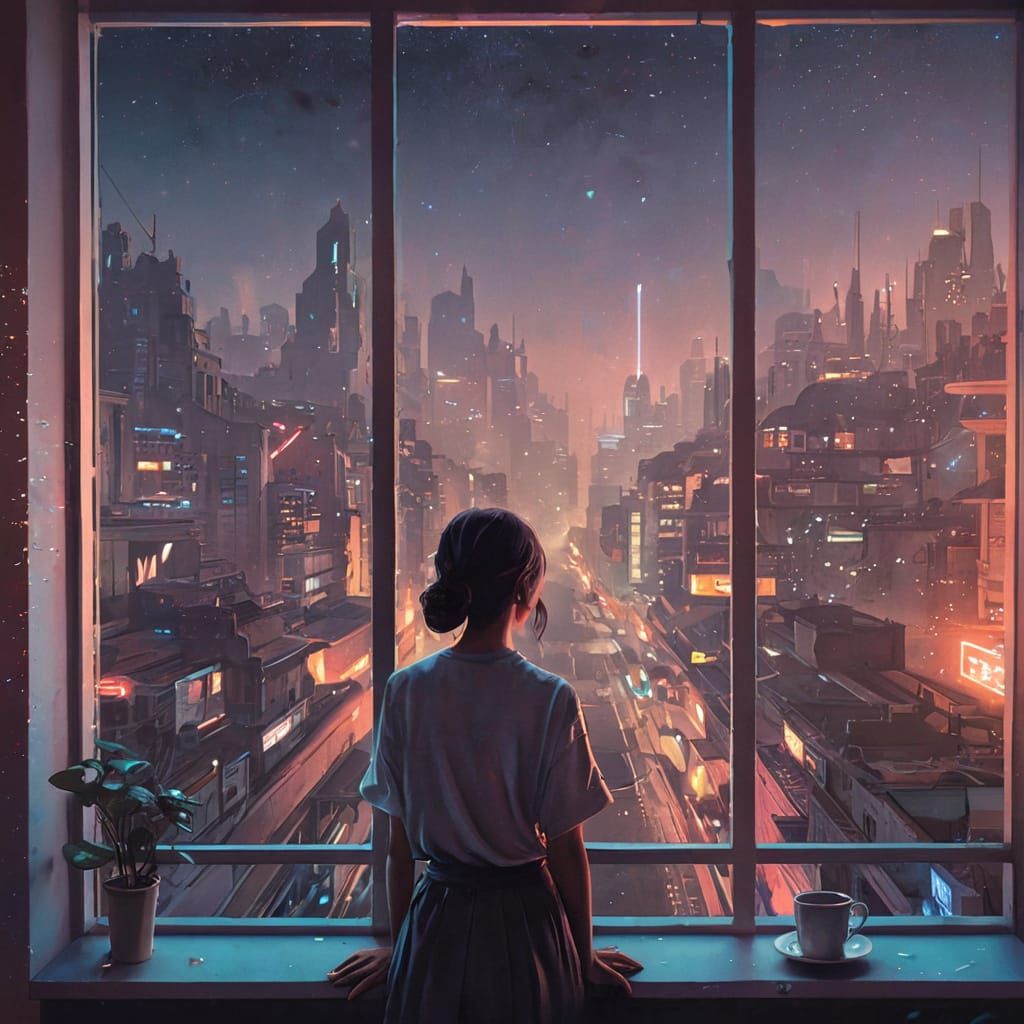 Girl Stares Out at Cyberpunk Cityscape