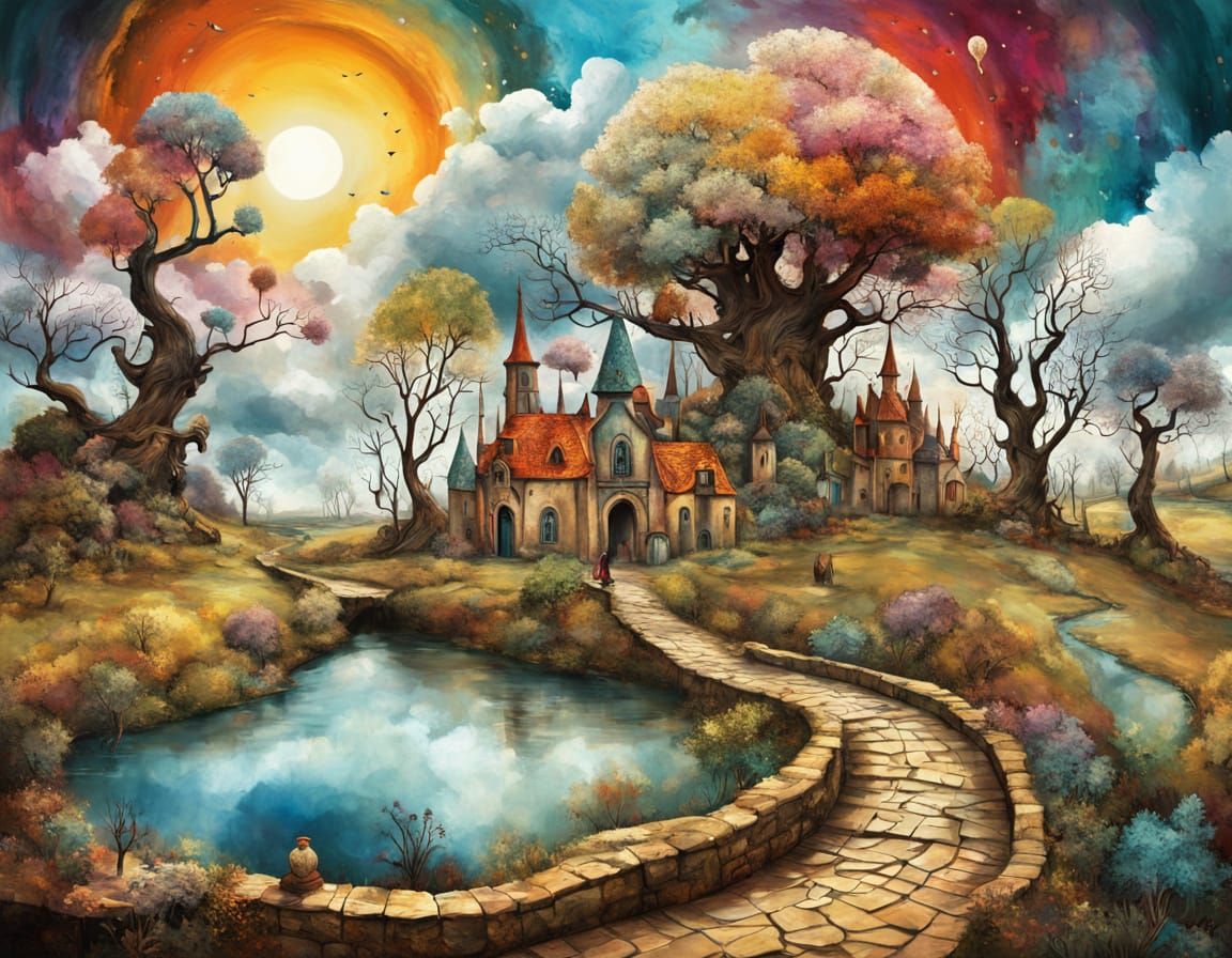 Dreamlike Fantasy Landscape in Vibrant Oil Painting