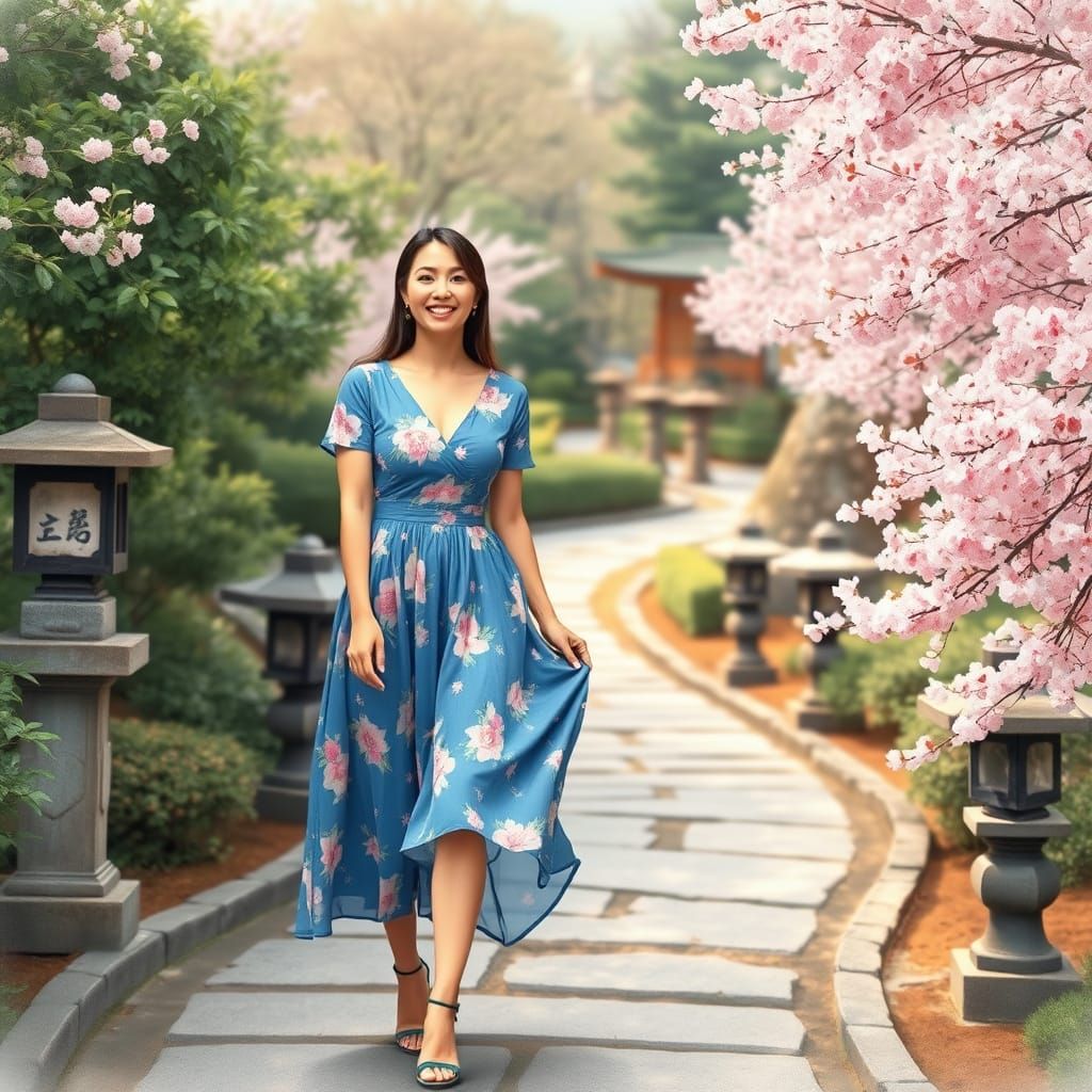 Serenely Smiling Woman Strolls through a Japanese Garden
