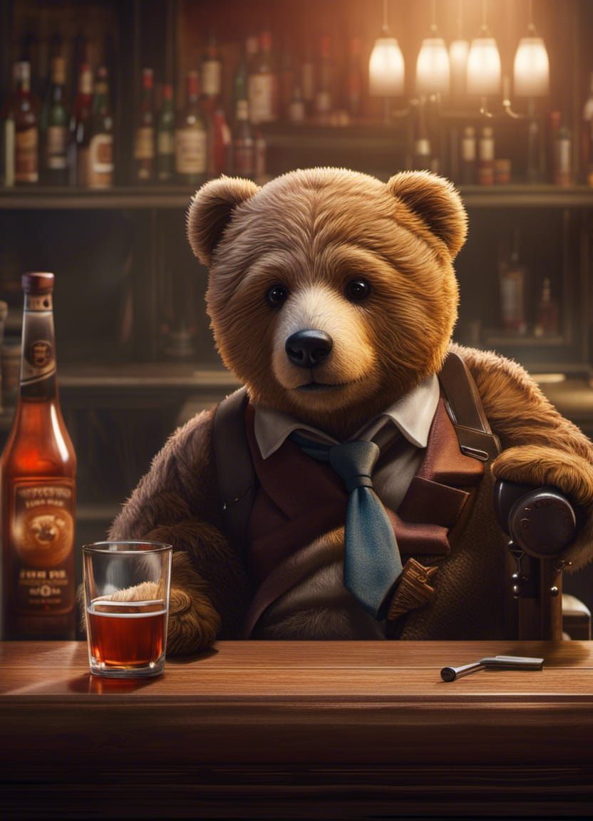 Tired Teddy Bear Drinks at Bar: Hyperrealistic