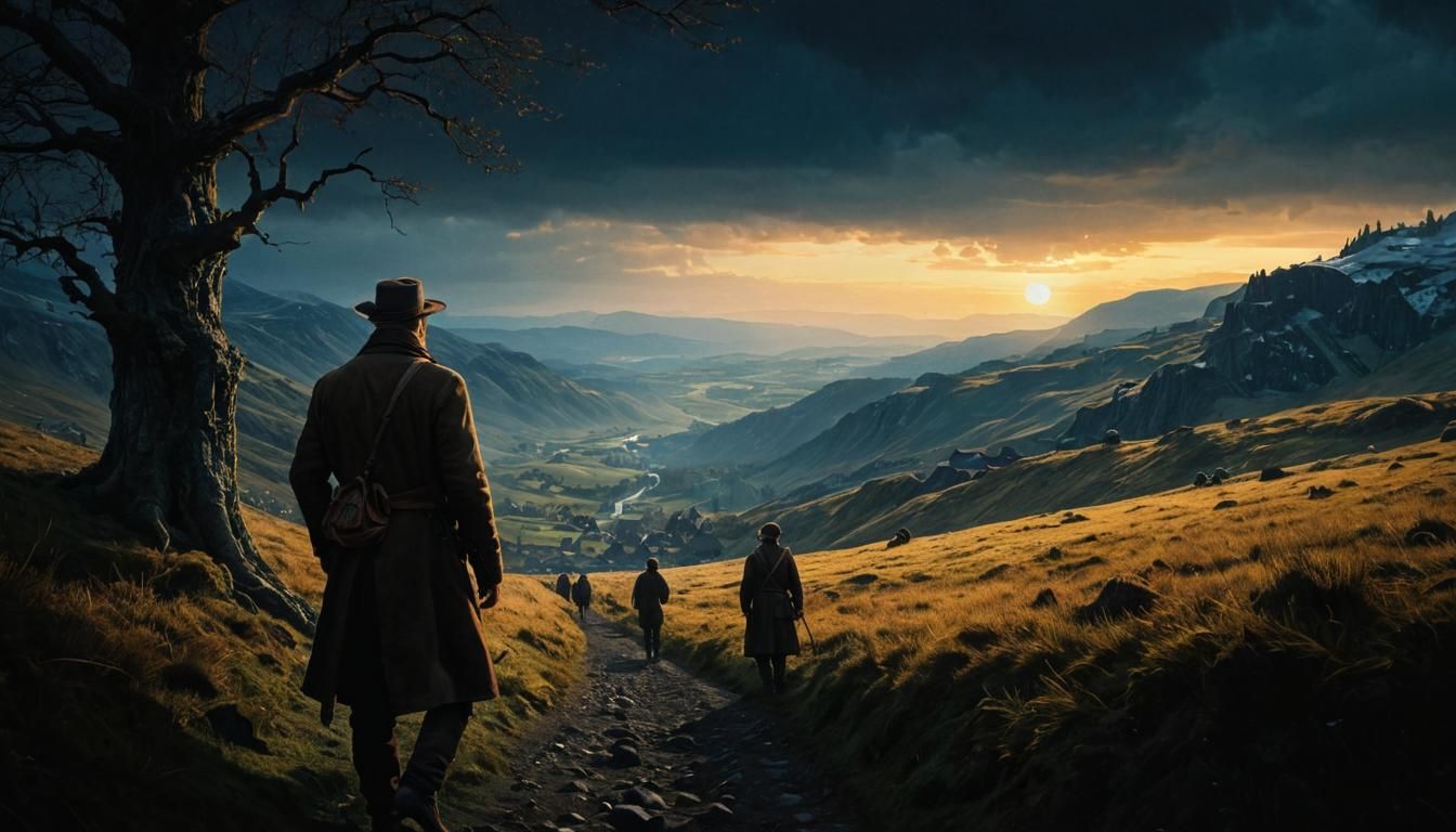 Villagers' Passage into Infinity: Expressionist Movie Still