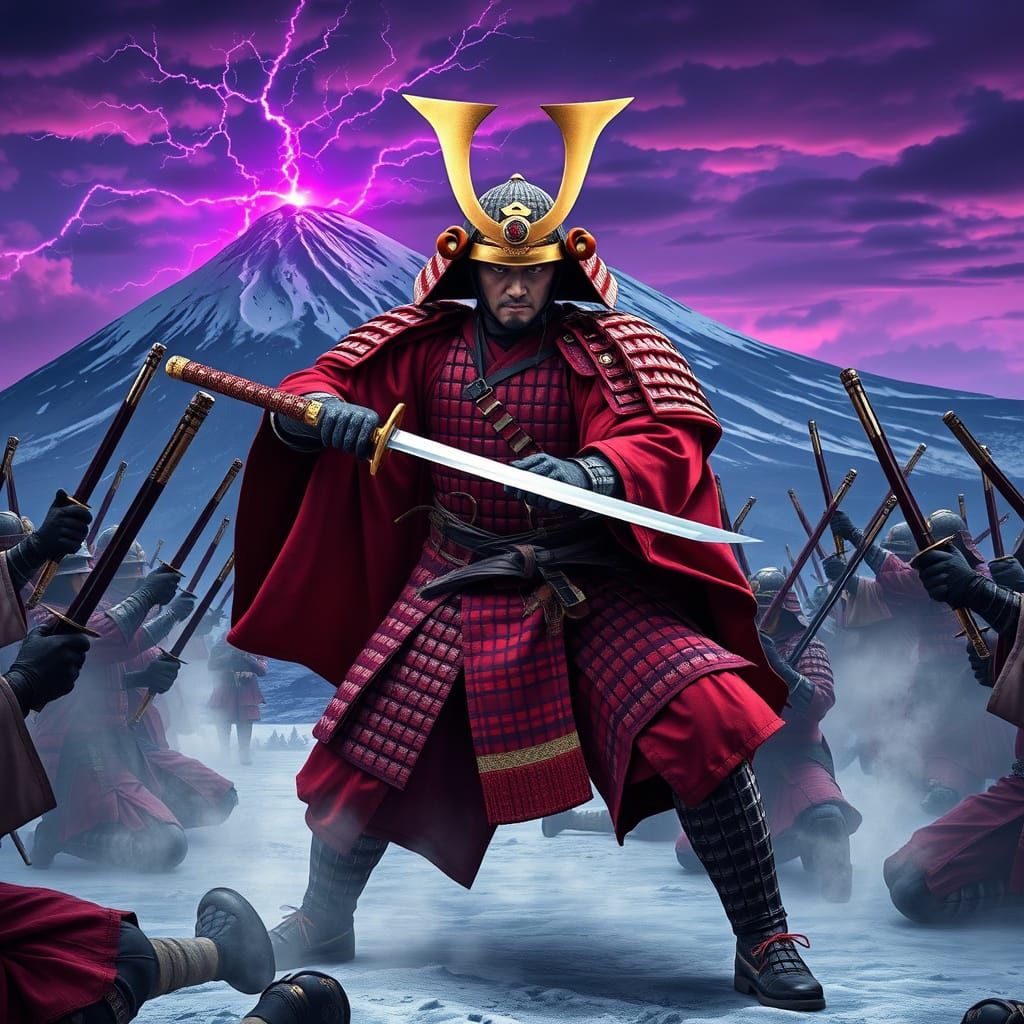 Samurai Warrior Defends Honor Before Mount Fuji