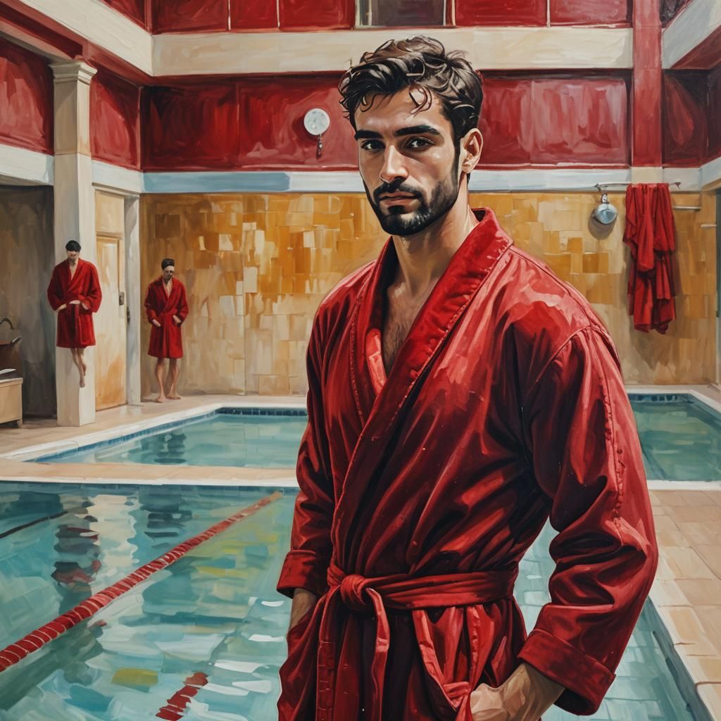 Italian Man in Red Bathrobe: Impressionist Oil Painting