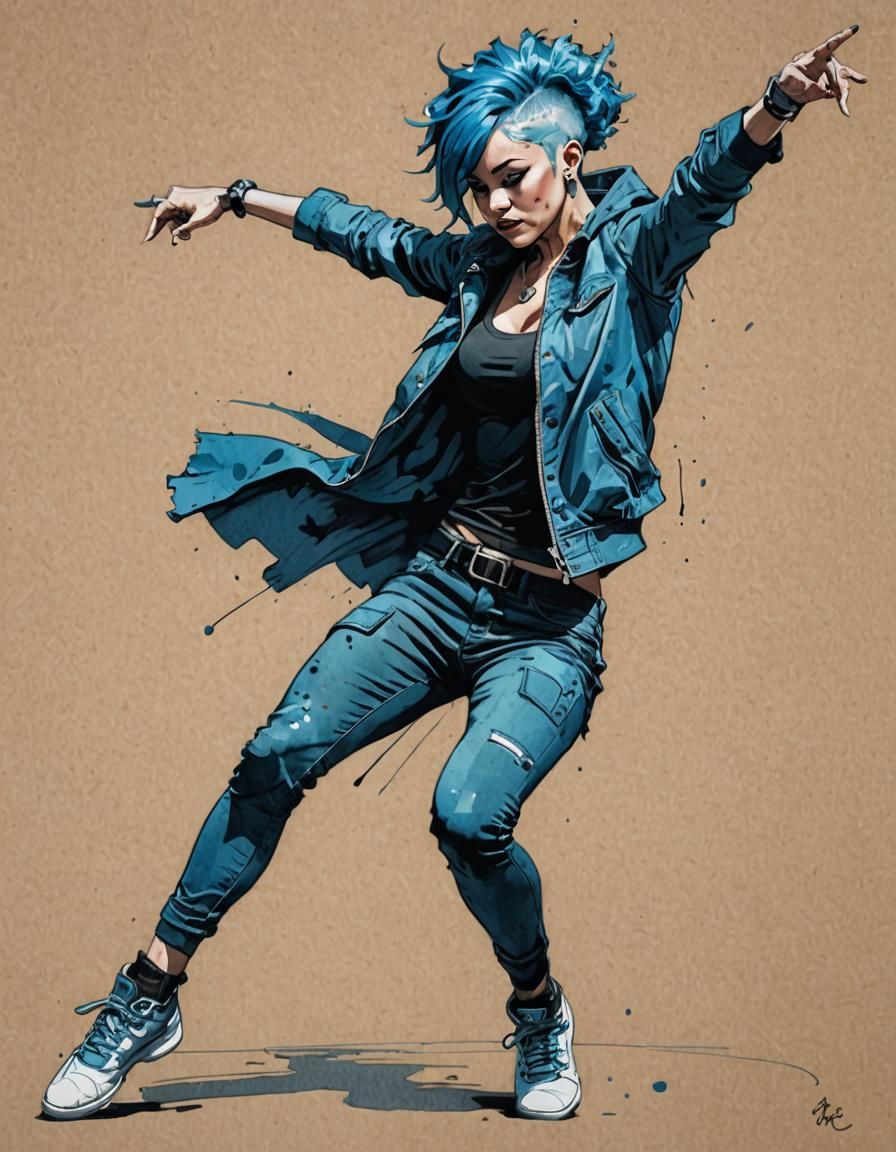 Dynamic Ink Sketch of Blue-Haired Urban Dancer