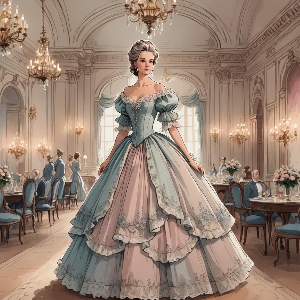 Elegant Woman in 18th-Century Ballgown Sketch