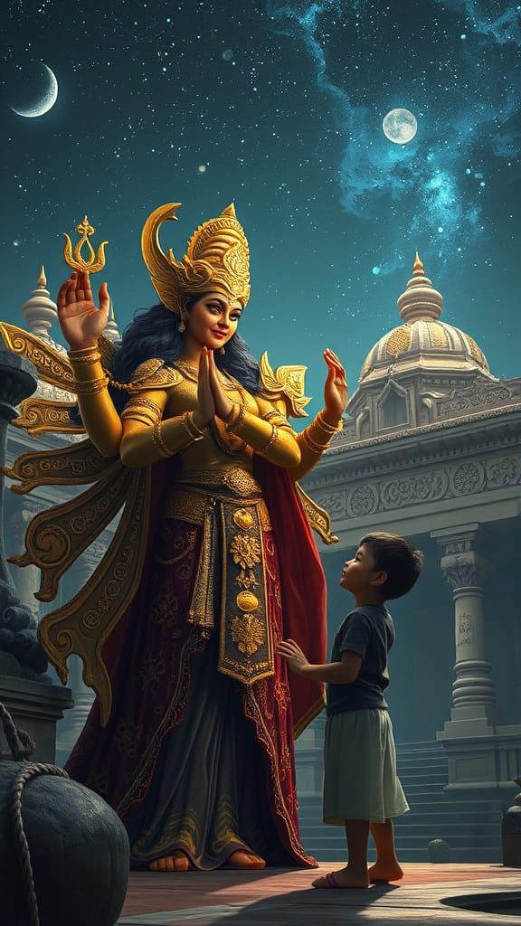 Goddess Durga Blessing a Child: Matte Painting