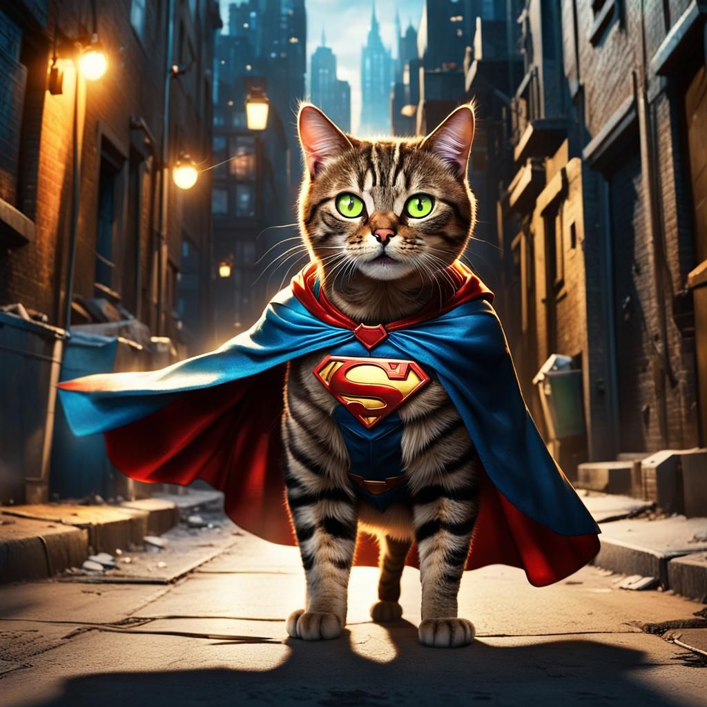 Hero Cat in City Alleyway: Digital Art