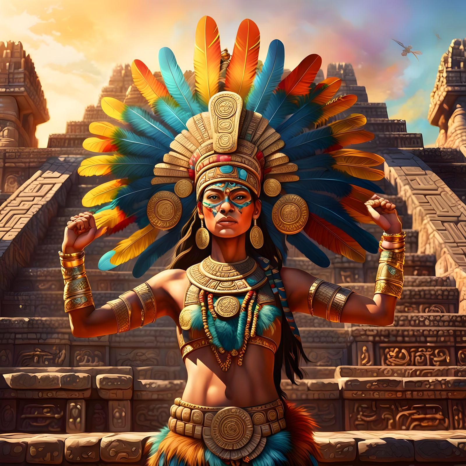 Aztec Goddess Ascends Mayan Temple Steps
