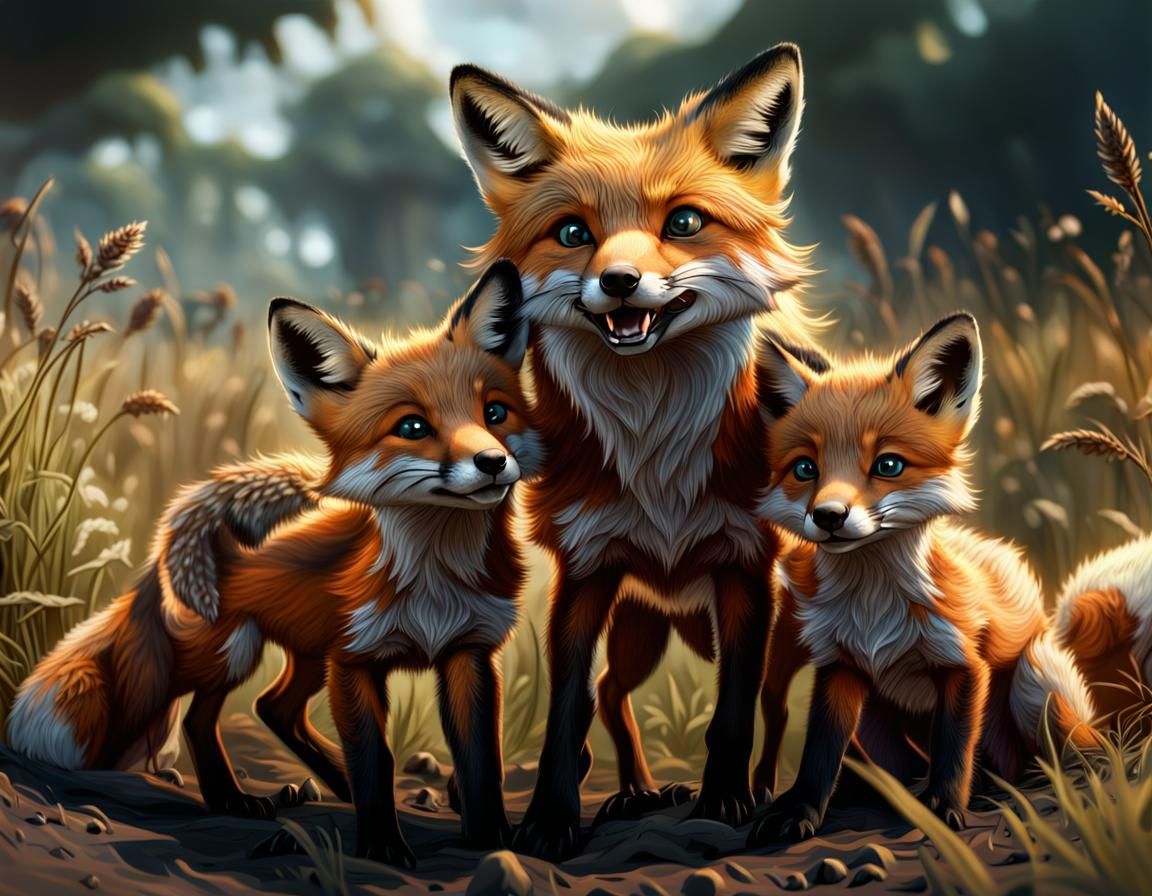A family of baby foxes playing in the field as mother fox watches. detailed matte painting, deep color, fantastical, int...