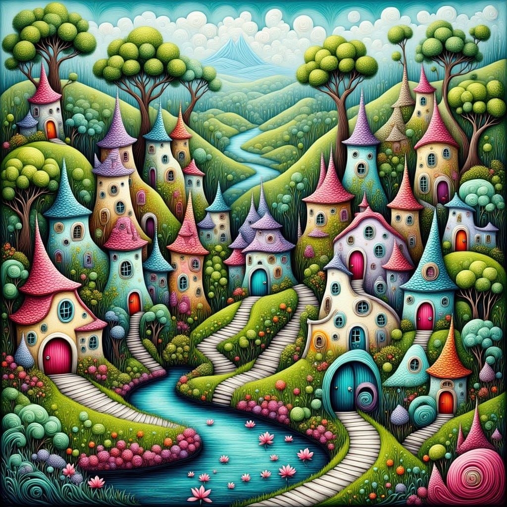 Vibrant Village Whimsy in Impasto Oil Painting Style