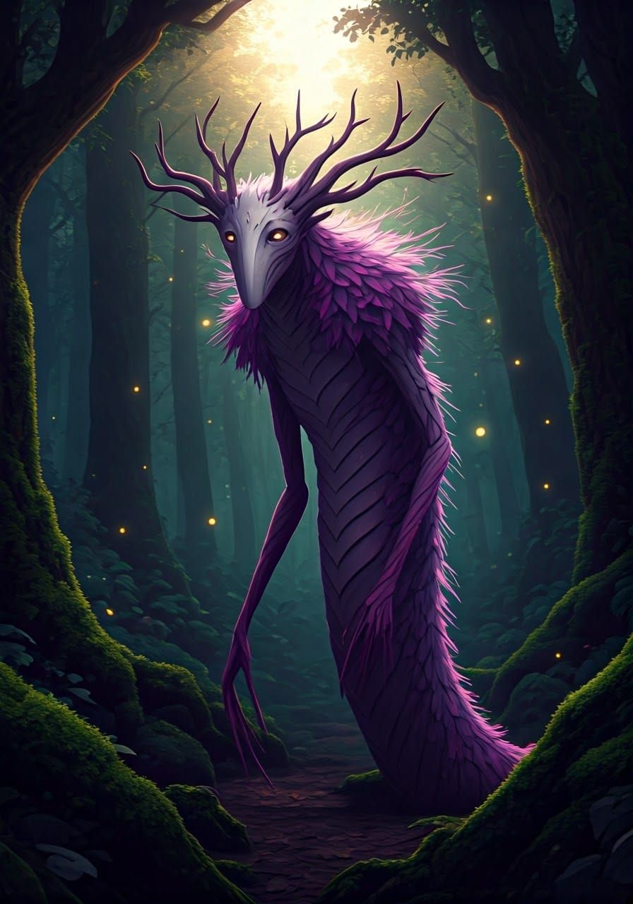 Whimsical Dendroid in Misty Forest, Purple Moss and Branch-L...