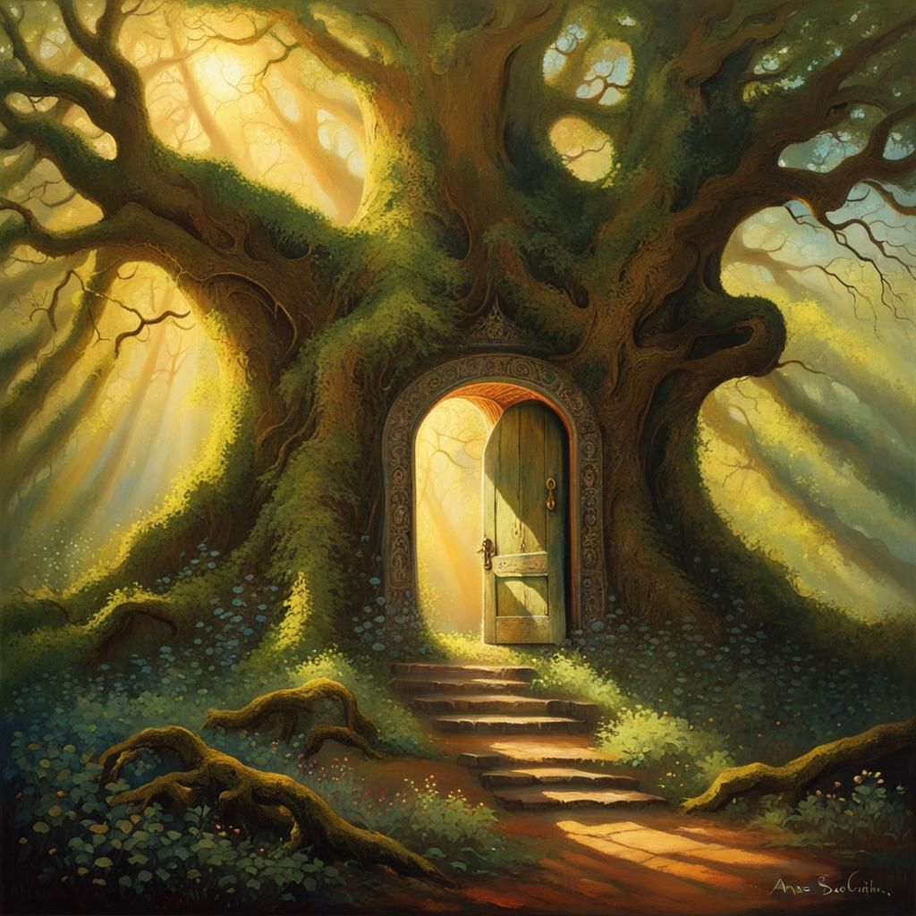 An oil painting a magnificent oak tree with a magical door