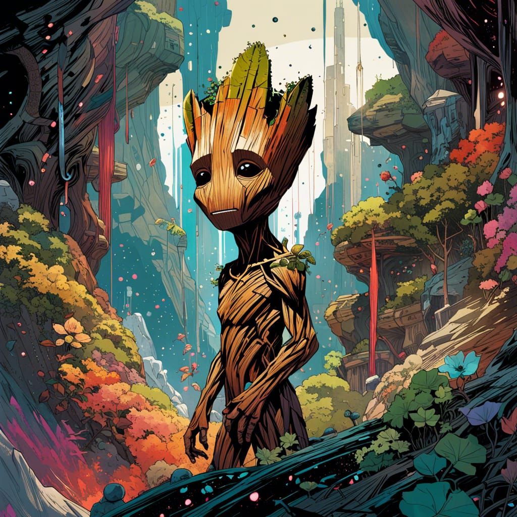 Groot in Dark Fantasy Mountain Landscape
