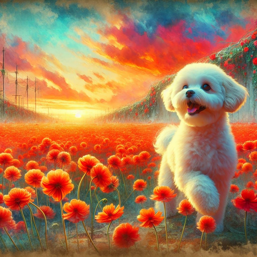 Maltipoo in Amapola Field at Sunset: Fantasy Concept Art