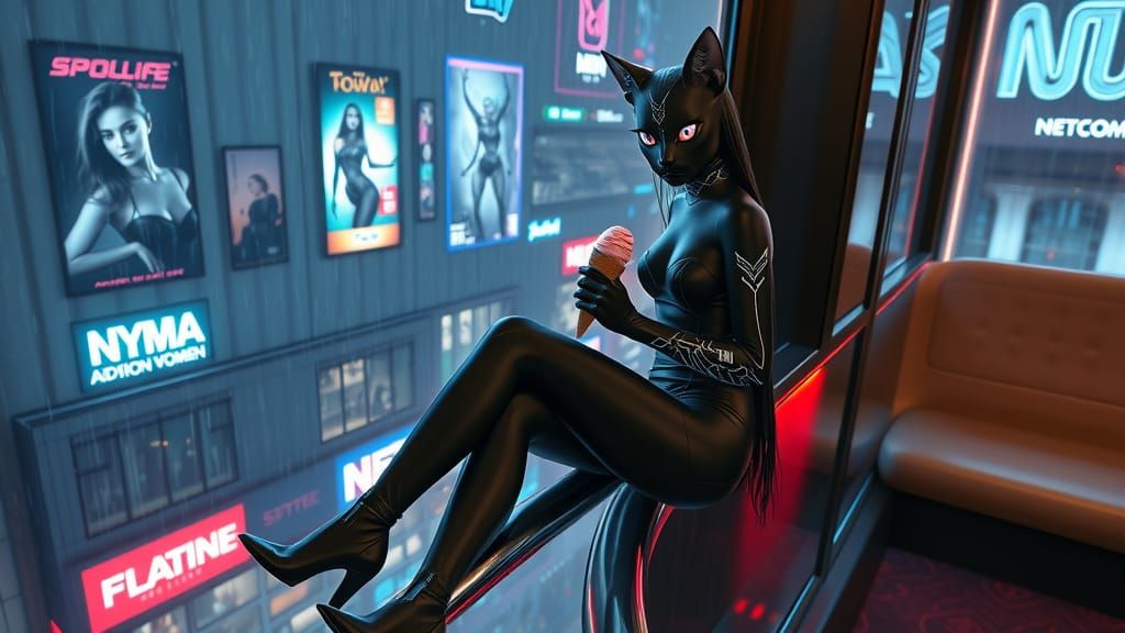 Cyberpunk Cat-Woman Enjoys Ice Cream in Neon Cityscape