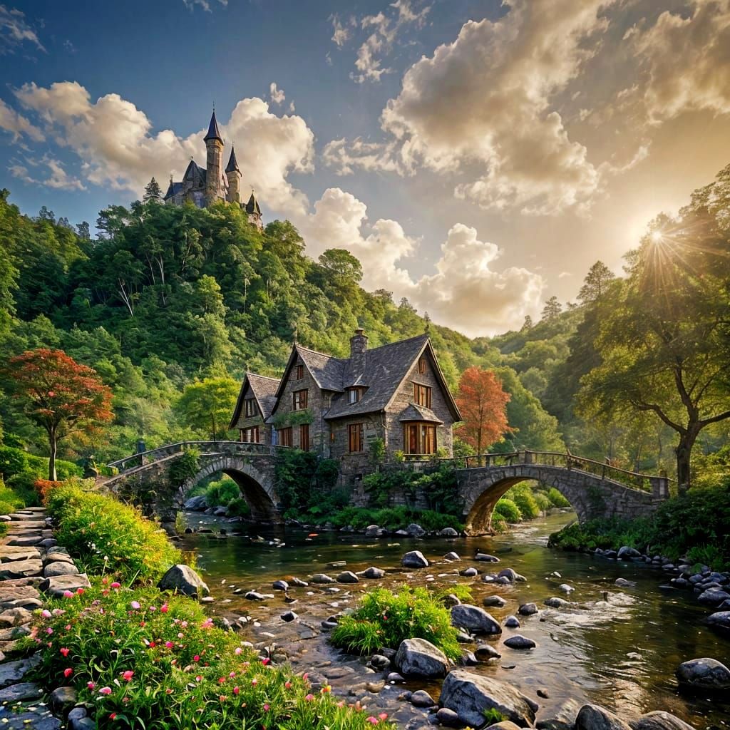 Magical Fairy Tale House on a Bridge in Lush Forest