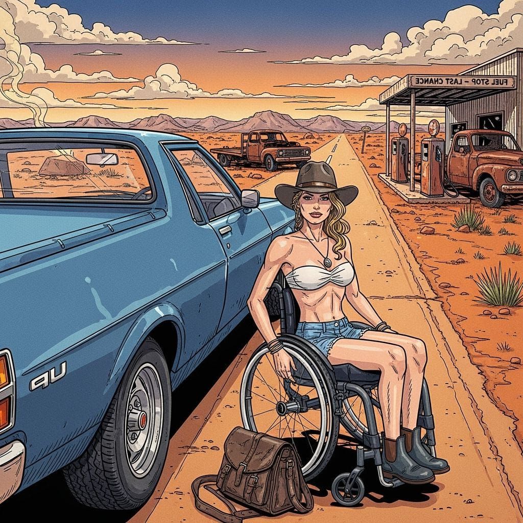 Paraplegic Woman Poses with Holden Ute in Outback