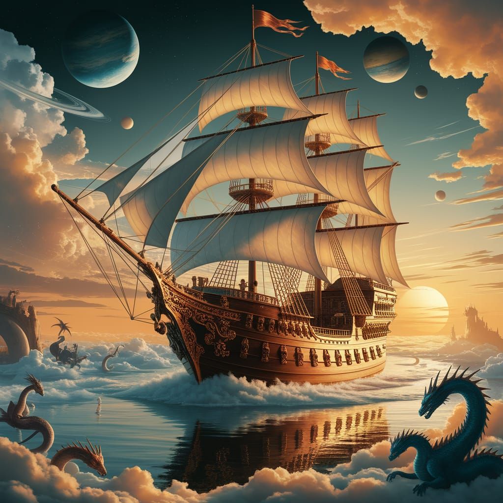 Golden Pirate Ship Sails Through Clouds at Sunset